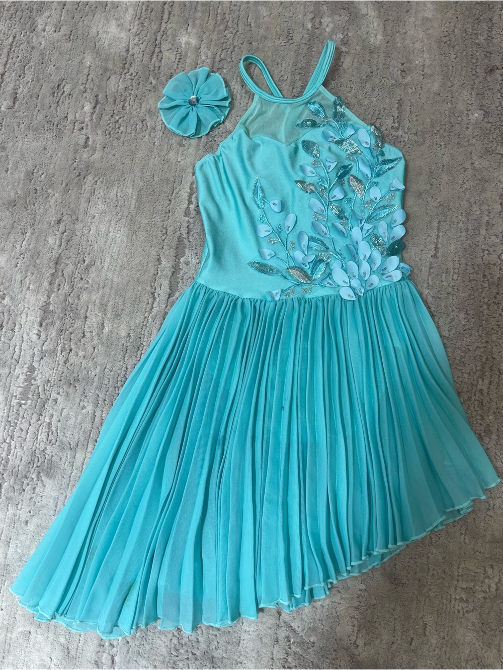 Girls Aqua Dance Costume with Floral Applique - Brand